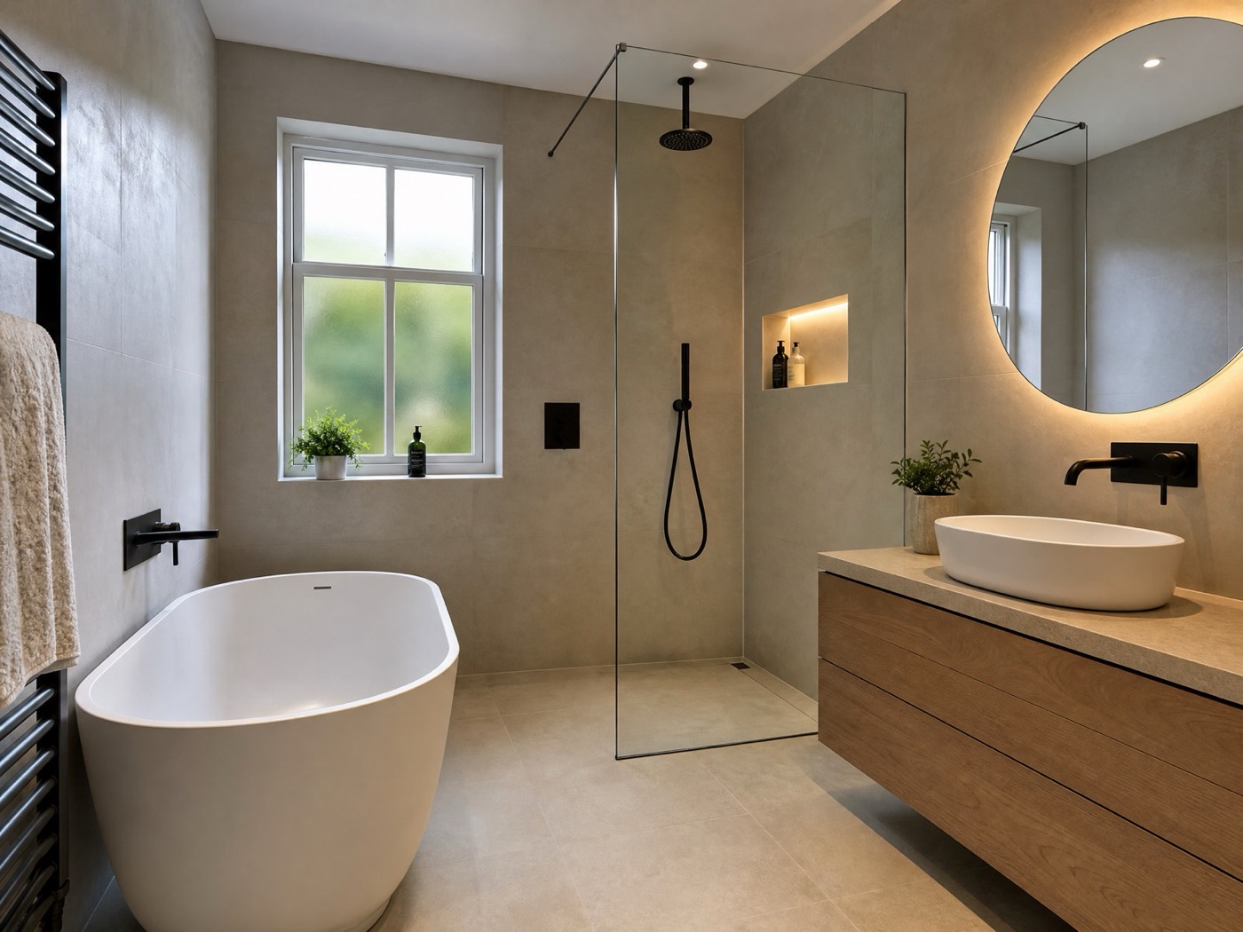 Concept image of a contemporary bathroom with a freestanding bath, walk-in shower and oak vanity