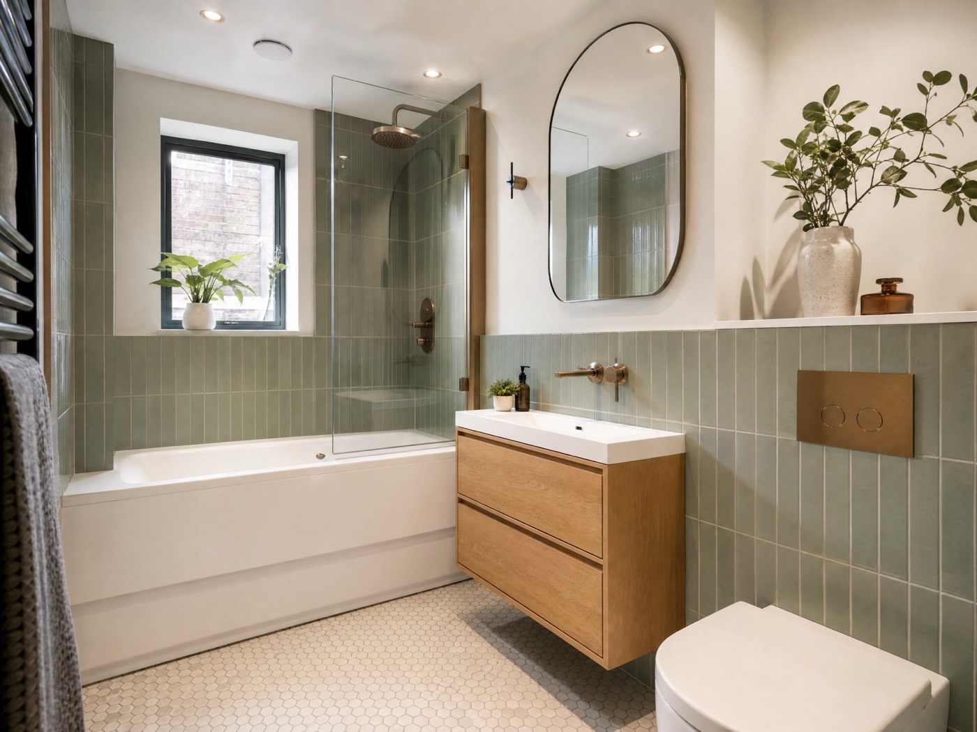 Concept image of a compact bathroom with sage green tiles, oak vanity and round mirror