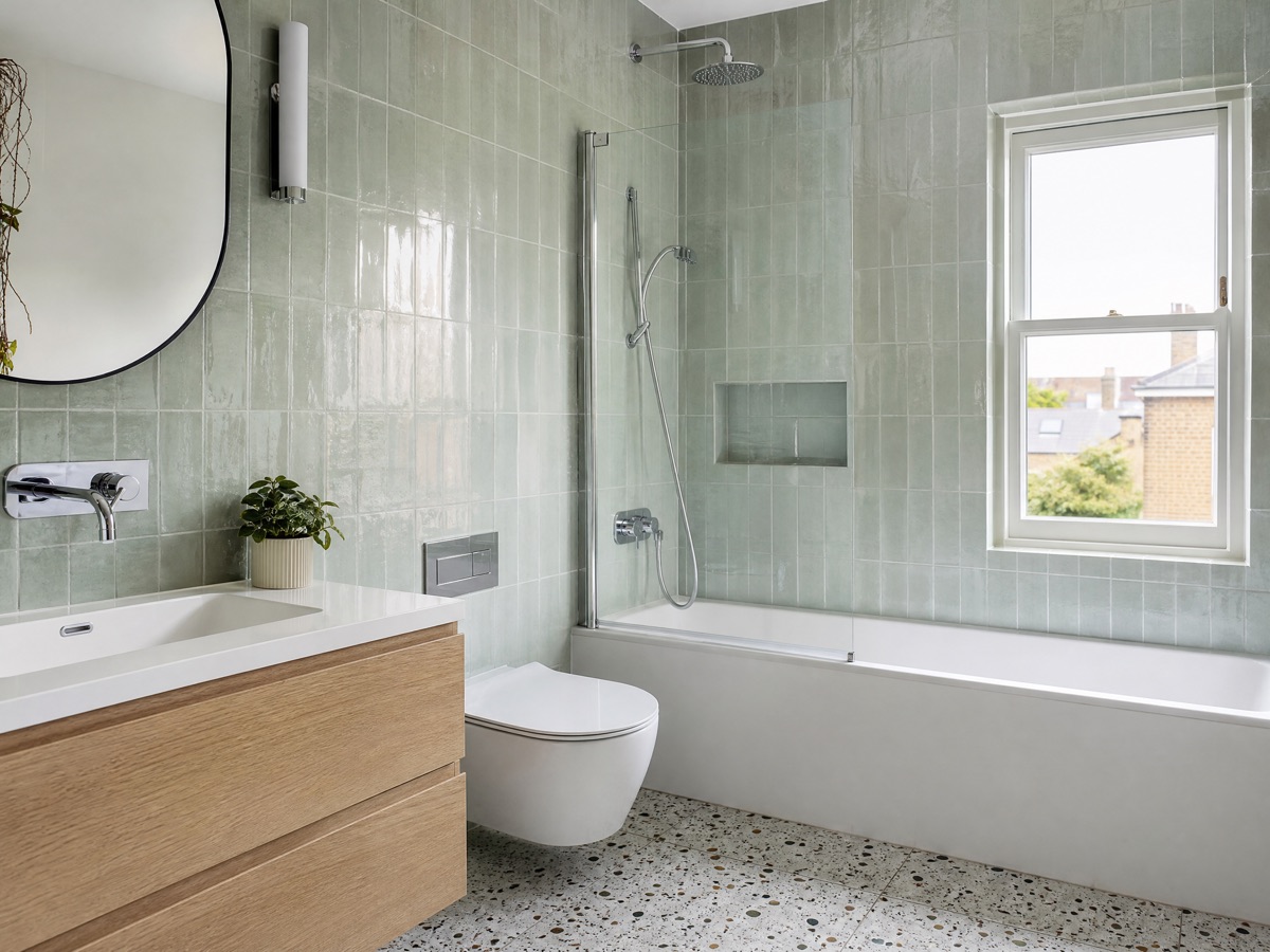 Sage green family bathroom with oak storage in Walthamstow E17