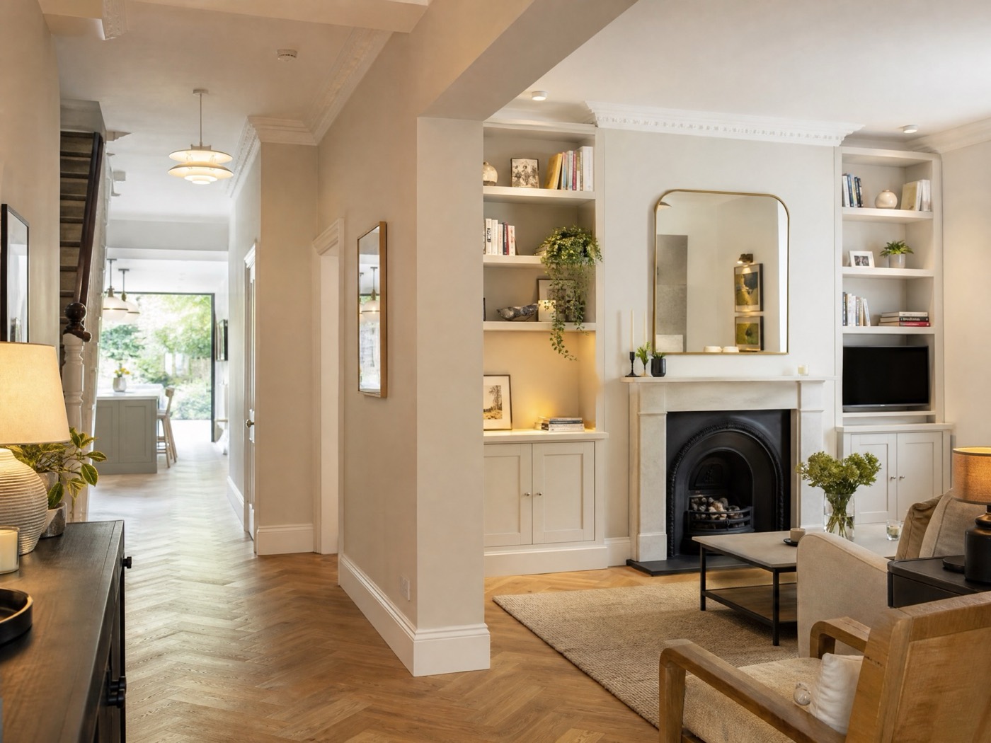Concept image of a renovated London home with an oak herringbone floor, joinery alcoves and warm lighting