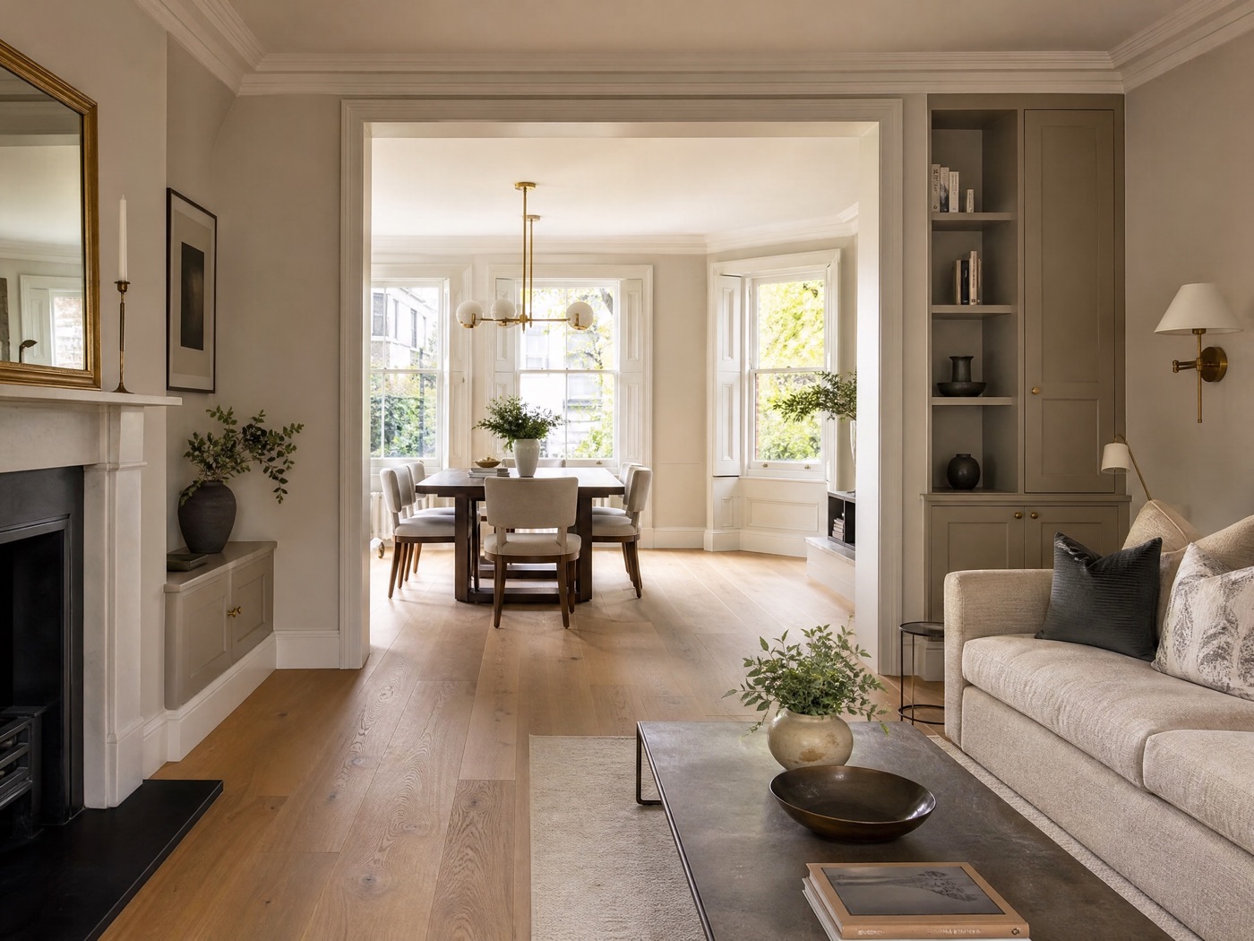Concept image of a cohesive renovated interior with continuous oak flooring and built-in joinery