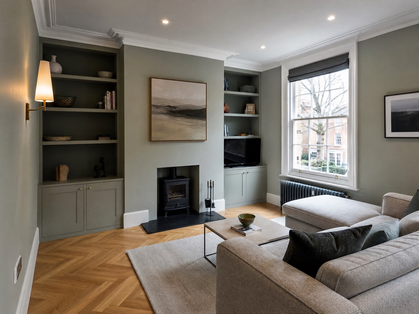 Example design concept of the same living room with grey-green walls and oak flooring
