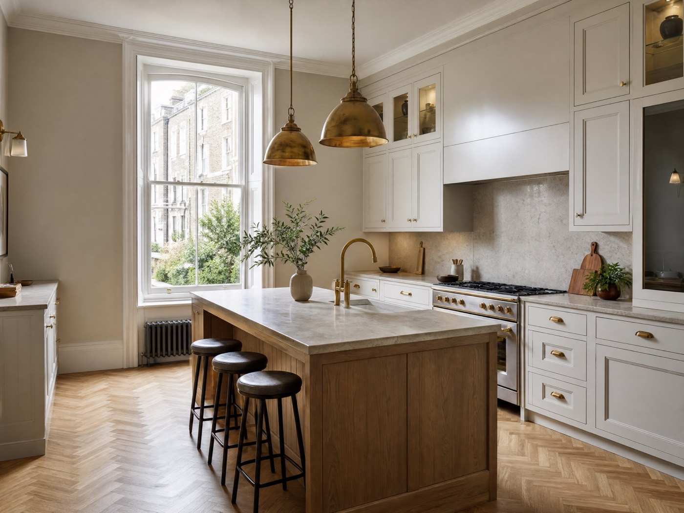 Concept image of a warm white and oak kitchen with a central island and brass pendant lights