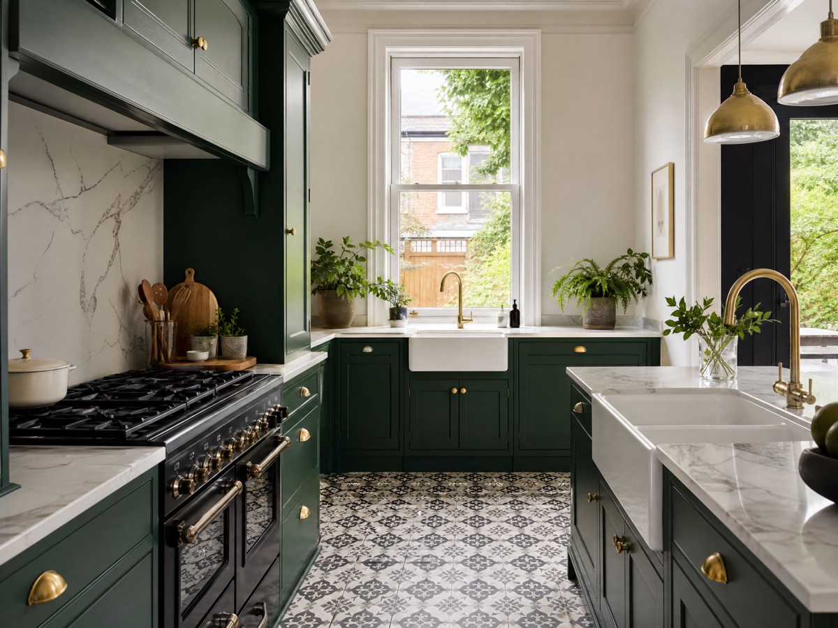 Deep green period kitchen with brass details and patterned floor in Forest Gate E7