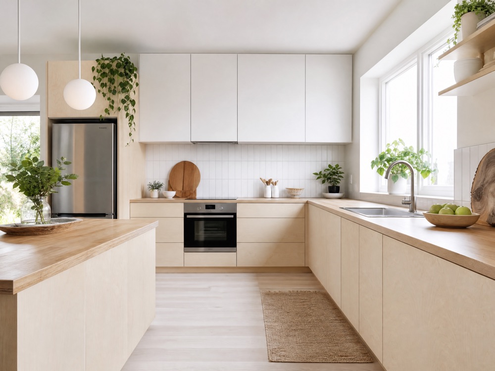 Soft minimal family kitchen with pale timber in Stratford E15