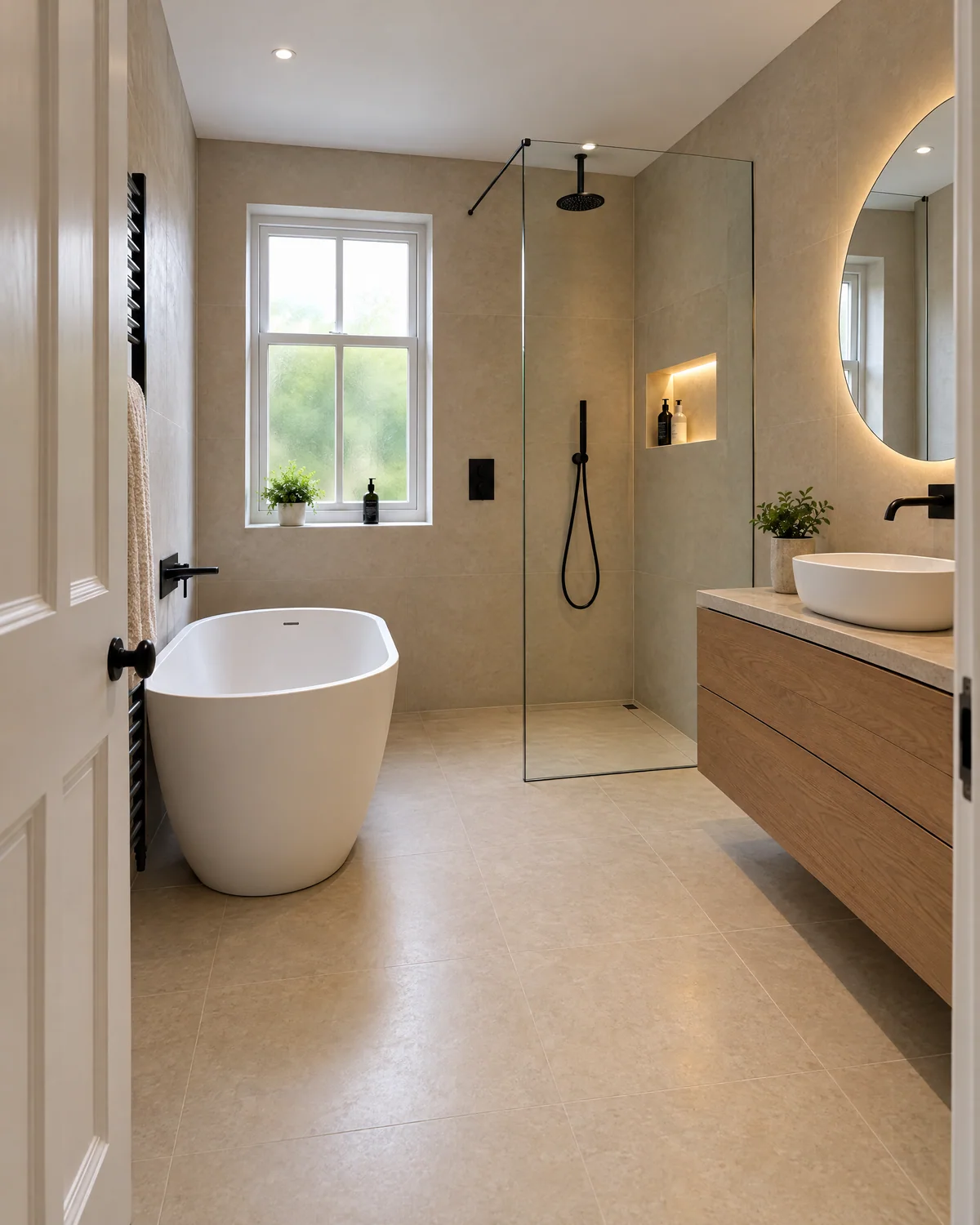 View through the bathroom doorway towards the bath, shower and vanity