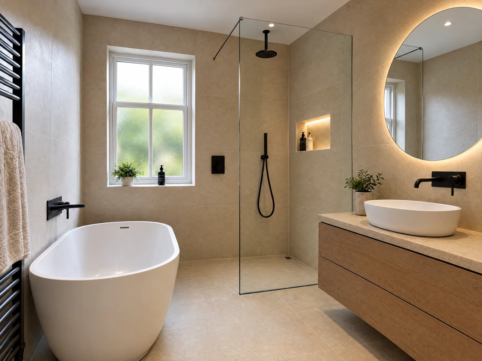 Freestanding bath beside a white-framed window in a Victorian bathroom