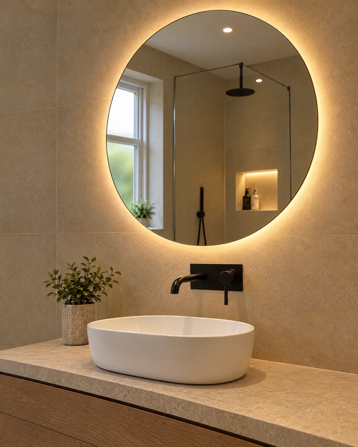Backlit circular mirror above a wall-mounted black tap and white basin