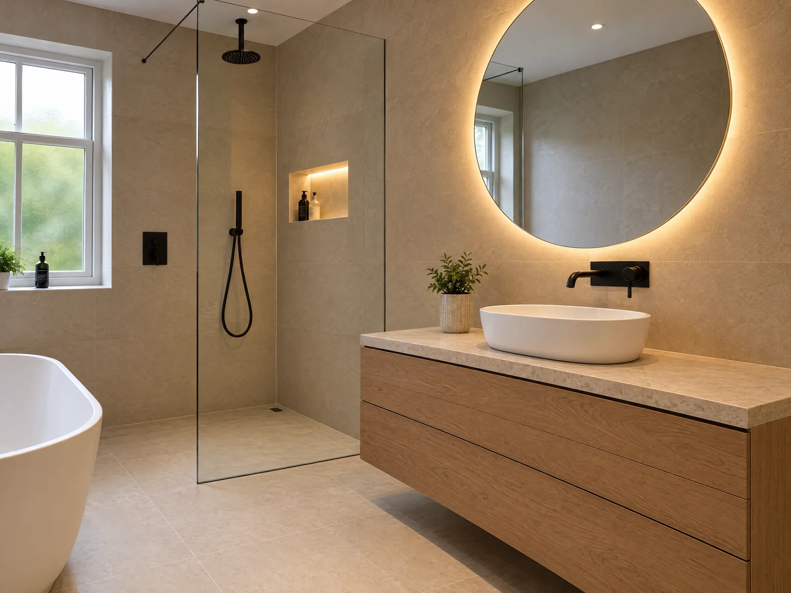 Floating oak vanity with a stone top and countertop basin