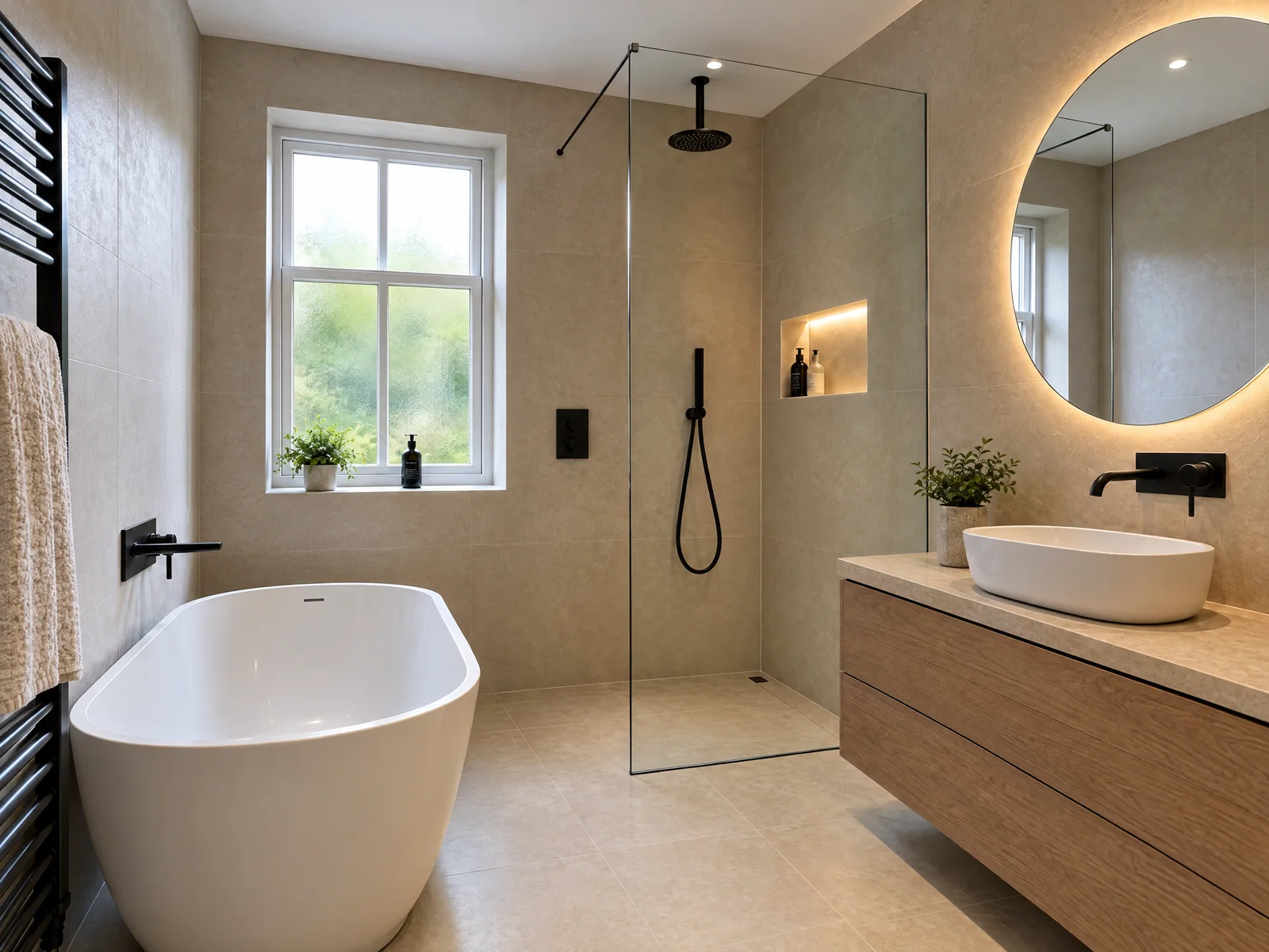 Bath, shower screen and vanity seen together from one side of the room