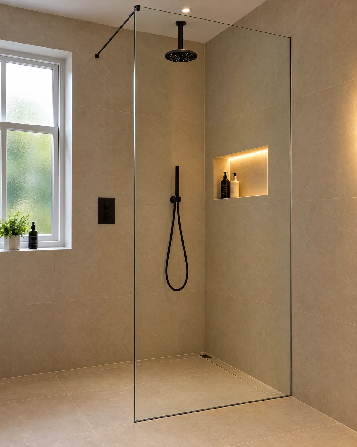 Walk-in shower with frameless glass and matt black fittings