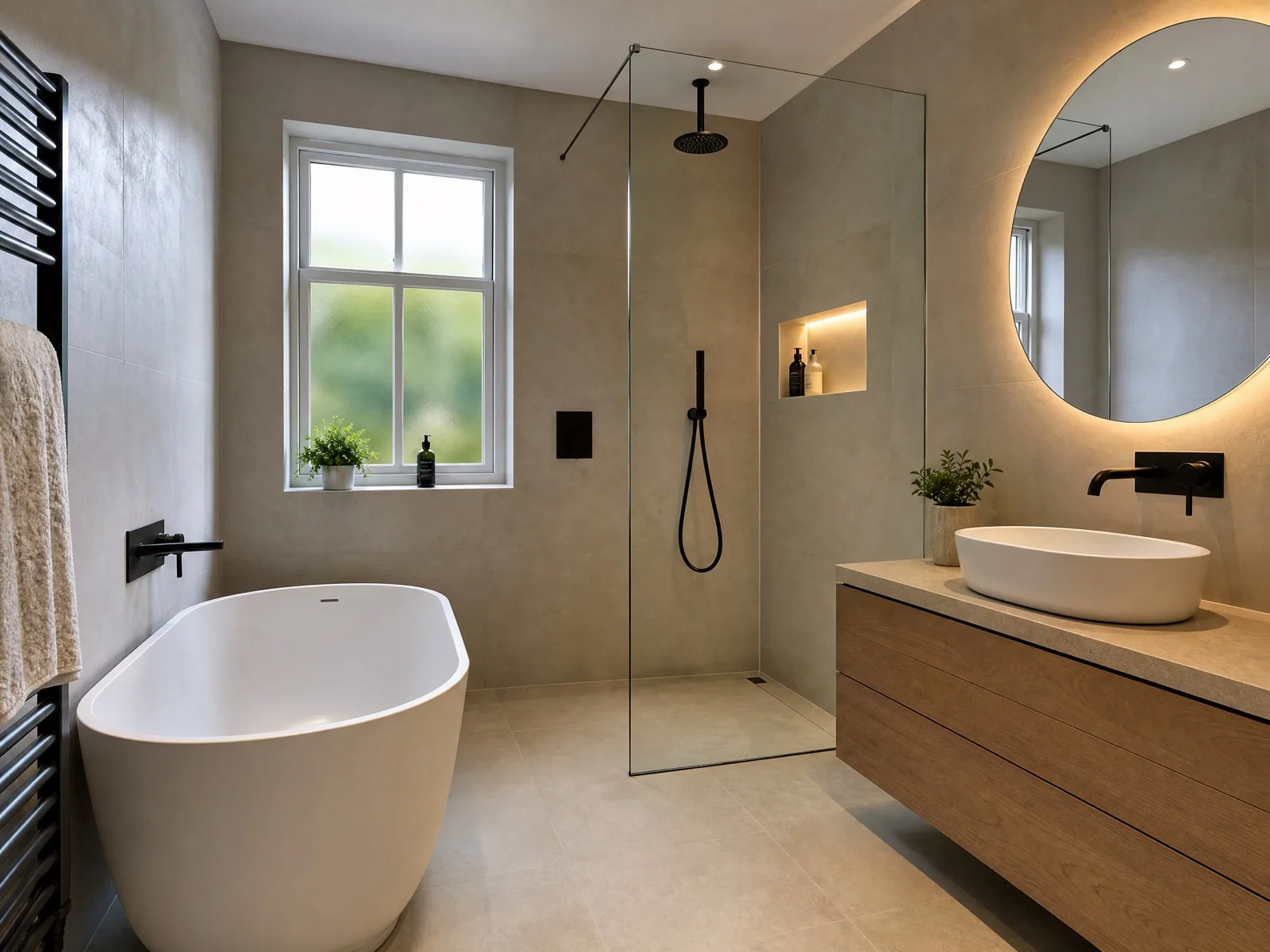 Completed warm stone bathroom renovation in Leytonstone
