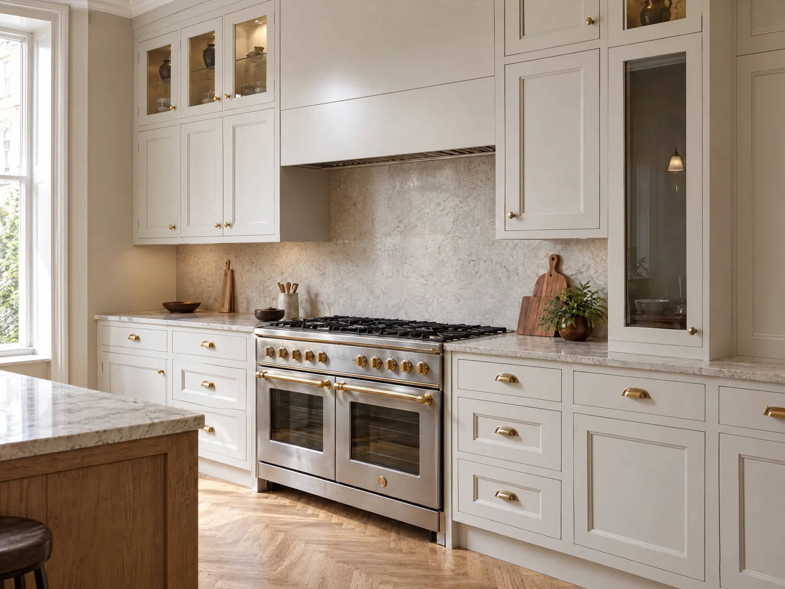 Range cooker and stone splashback between ivory shaker cabinets