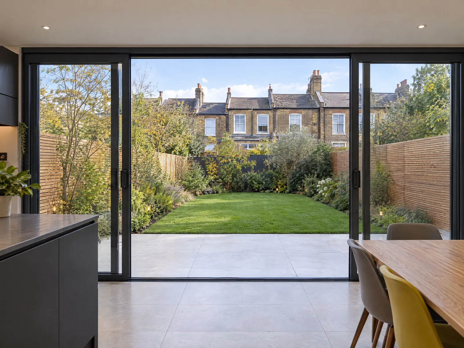 Garden view through glazed doors of a Wanstead rear extension