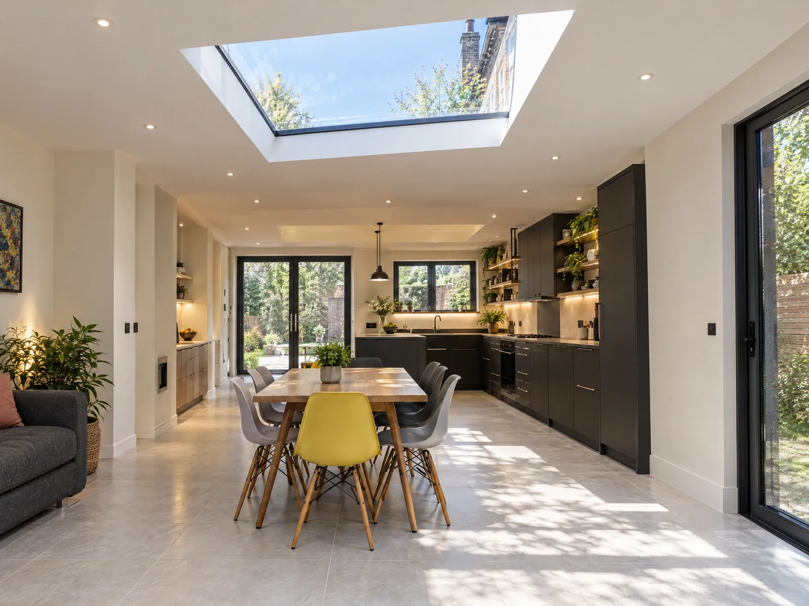 Rooflight bringing natural light into a completed kitchen extension