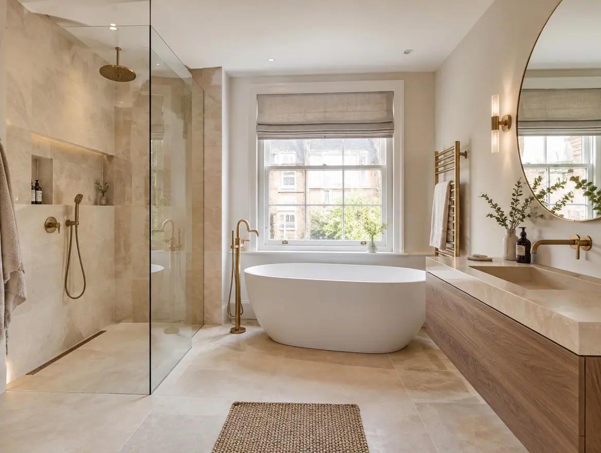 Finished bathroom with a walk-in shower and tiled walls