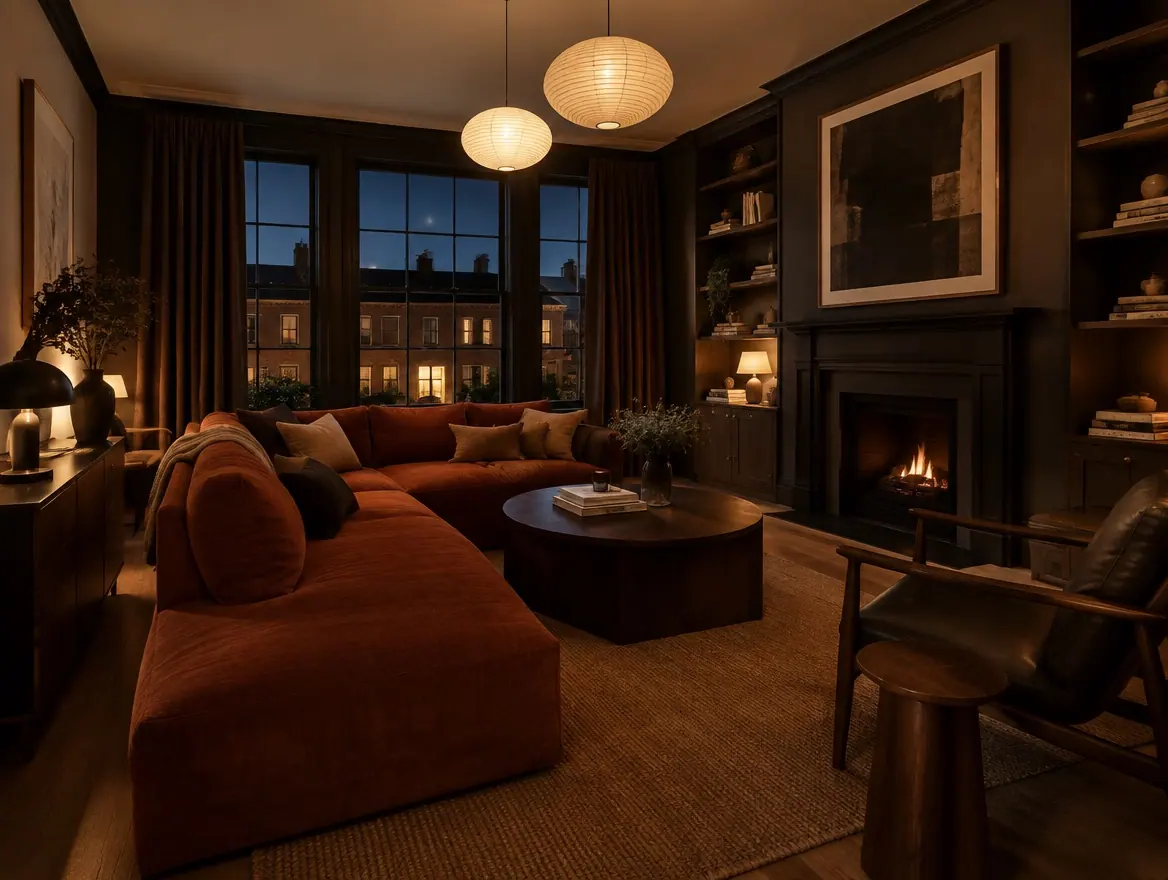 Renovated living space with new flooring, lighting and finishes