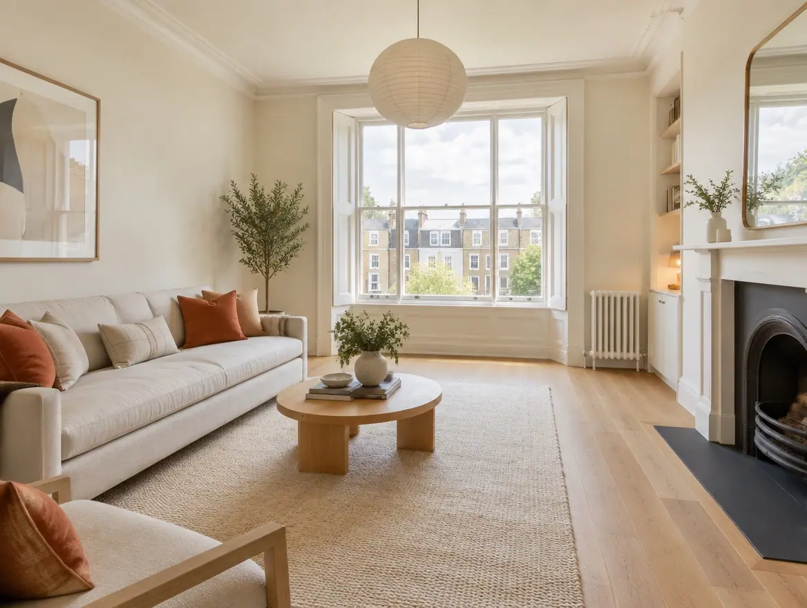 Bright renovated living room with oak flooring and warm lighting